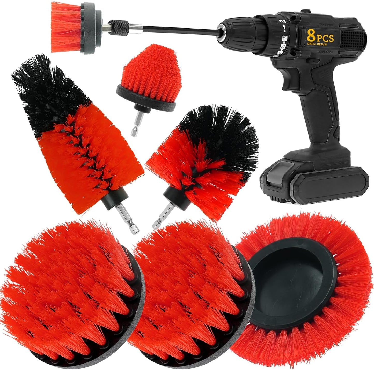 8 Pcs Drill Brush Attachment Set - Power Scrub Brush Kit | Brush Drill with Extend Long Attachmen - All Purpose Household Cleaning Brushes for Car, Grout, Floor, Tub, Bathroom