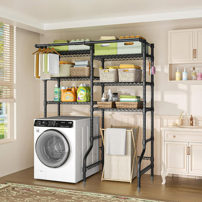 U13 Medium Over Washer and Dryer Storage Shelves, 6 Tiers Laundry Rack | Metal Clothes Drying Rack Space Saver with 2 Hanger Rods and Hooks, Laundry Room Standing Shelf Above Washer Dryer, White
