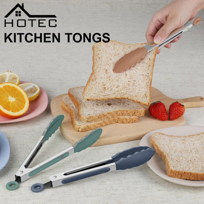 Hotec Mini Silicone Kitchen Tongs for Cooking - 7-Inch Small Serving Tongs with Silicone Tips, Set of 3 (Black,Grey,Light Blue)