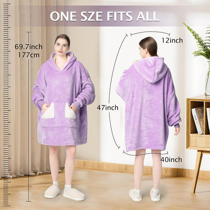 Wearable Blanket Hoodie, Oversized Sherpa Fleece Sweatshirt Blanket with Giant Hood Pocket and Sleeves for Adult, Warm & Cozy Grey Blanket Gifts for Women