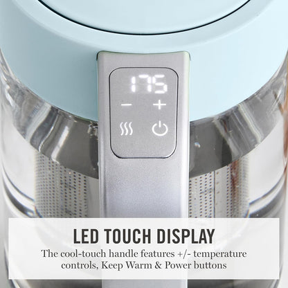 Martha Stewart 1.7L Glass Carafe Electric Kettle with Removable Tea Infuser | 7 Cups, 4 Presets, Rapid Boiling, Stainless Steel Tea Leaf Infuser, Cordless Swivel Base, Keep Warm, Auto Shut-Off, Linen