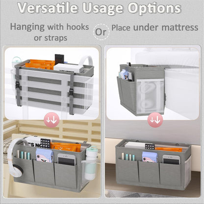 Bedside Caddy Bedside Storage Hanging Organizer for Bunk Dorm Bed Rail | Bed Caddy with Hooks, Top Bunks and Dorm Essentials for Water, Tissues, Tablets, Books, Phones, Remotes and Other Necessories