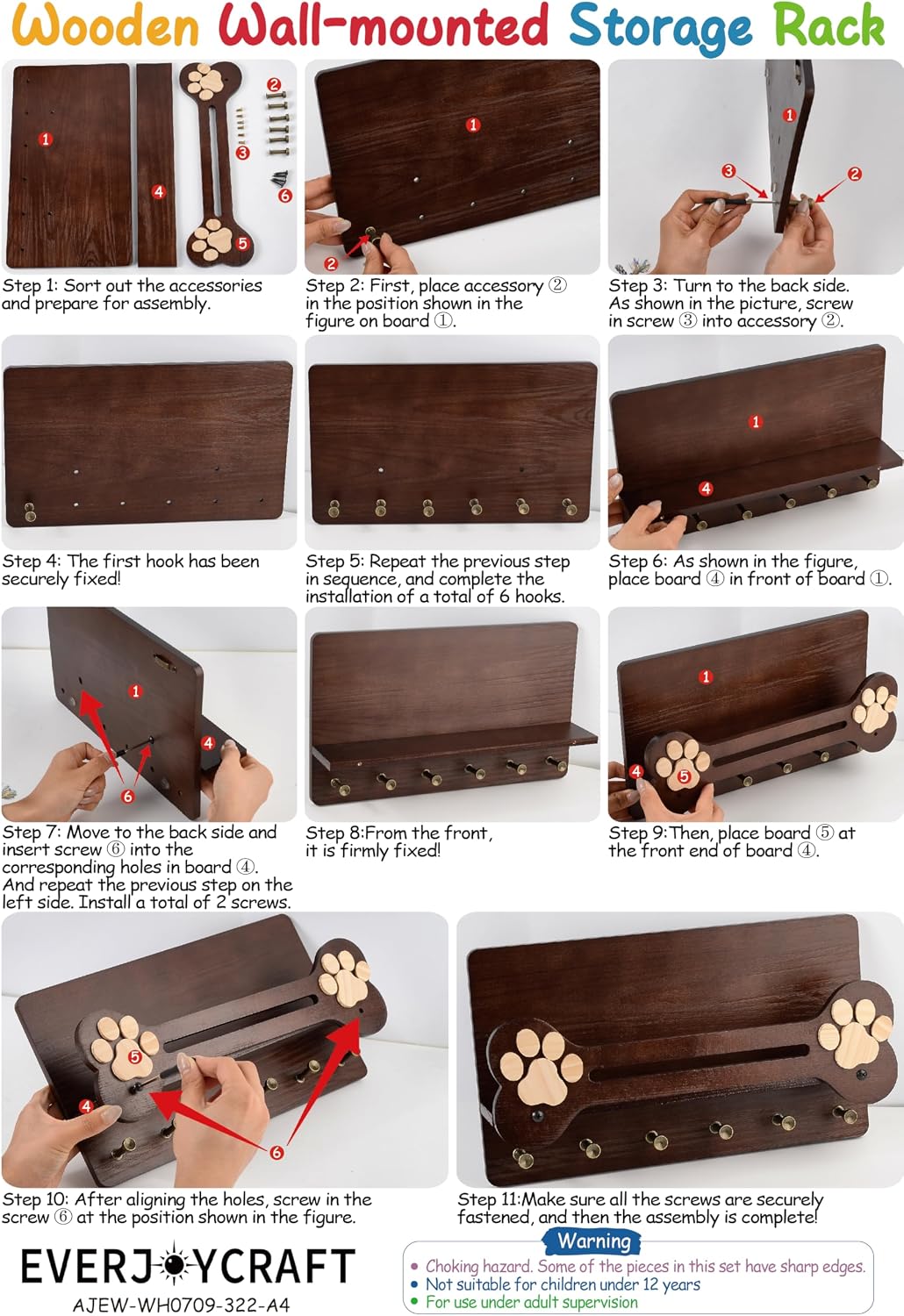 Dog Leash Holder for Wall with Floating Shelf and 6 Hooks Decorative Dog Stuff Organizer for Leashes Collars Keys Rustic Wooden Key Holder Wall Mount for Home Decor
