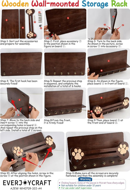 Dog Leash Holder for Wall with Floating Shelf and 6 Hooks Decorative Dog Stuff Organizer for Leashes Collars Keys Rustic Wooden Key Holder Wall Mount for Home Decor