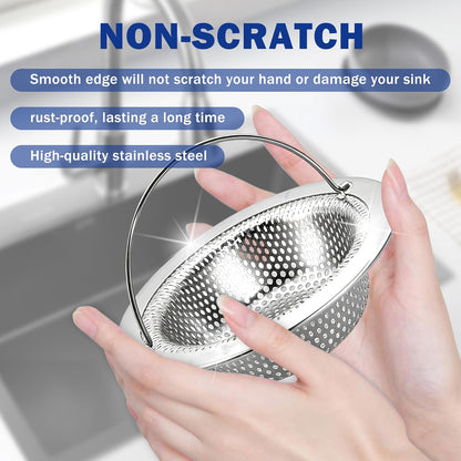 2 Pack Kitchen Sink Drain Strainer with Handle, Universal Stainless Steel Food Catcher Basket, Rust Free, Fits Most Kitchen Sinks