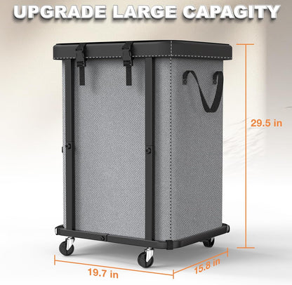 Laundry Hamper with Wheels,150L Leather Patchwork Clothes Hamper Black | Rolling Laundry Basket with Sturdy Metal Frame, Removable Washable Bag,Tall Clothes Sorter for Bedroom, Laundry Room, Dorm