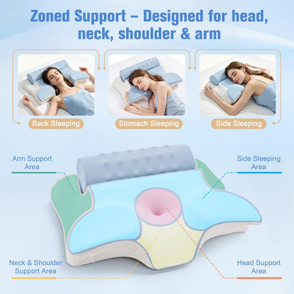 Cervical Neck Pillow for Pain Relief, 2-in-1 Memory Foam Pillow with Removable Cervical Roll, Orthopedic Neck Support Contour Bed Pillows with Ice Silk Pillowcase for Side Back Stomach Sleepers