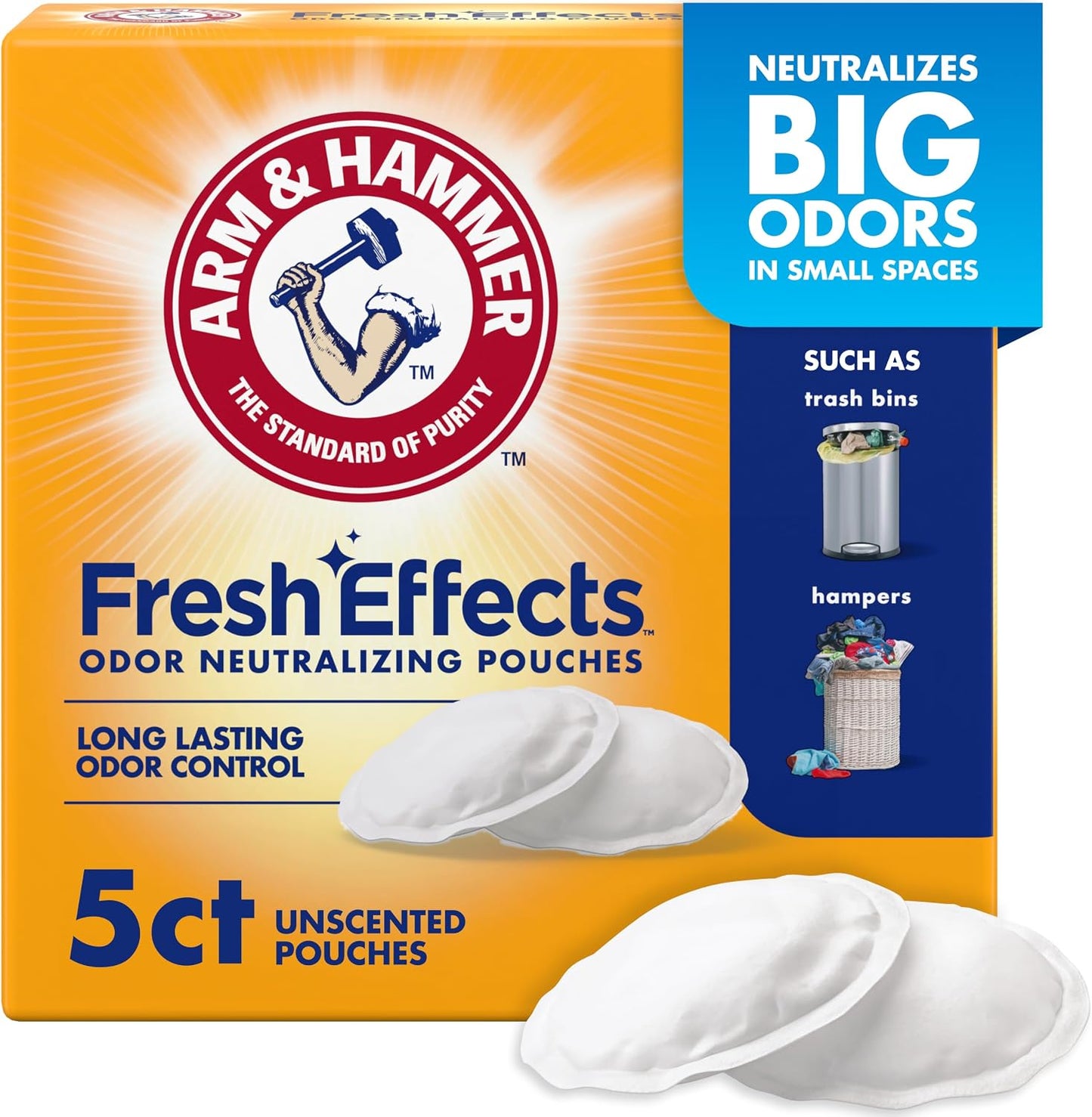 ARM & HAMMER Fresh Effects Odor Neutralizing Baking Soda Pouches, Long-Lasting Fragrance-Free, for Shoes, Cars, Home & Small Spaces, White, 5 Count | Long-Lasting, Fragrance-Free, For Shoes, Cars, Home & Small Spaces, Odor Absorber