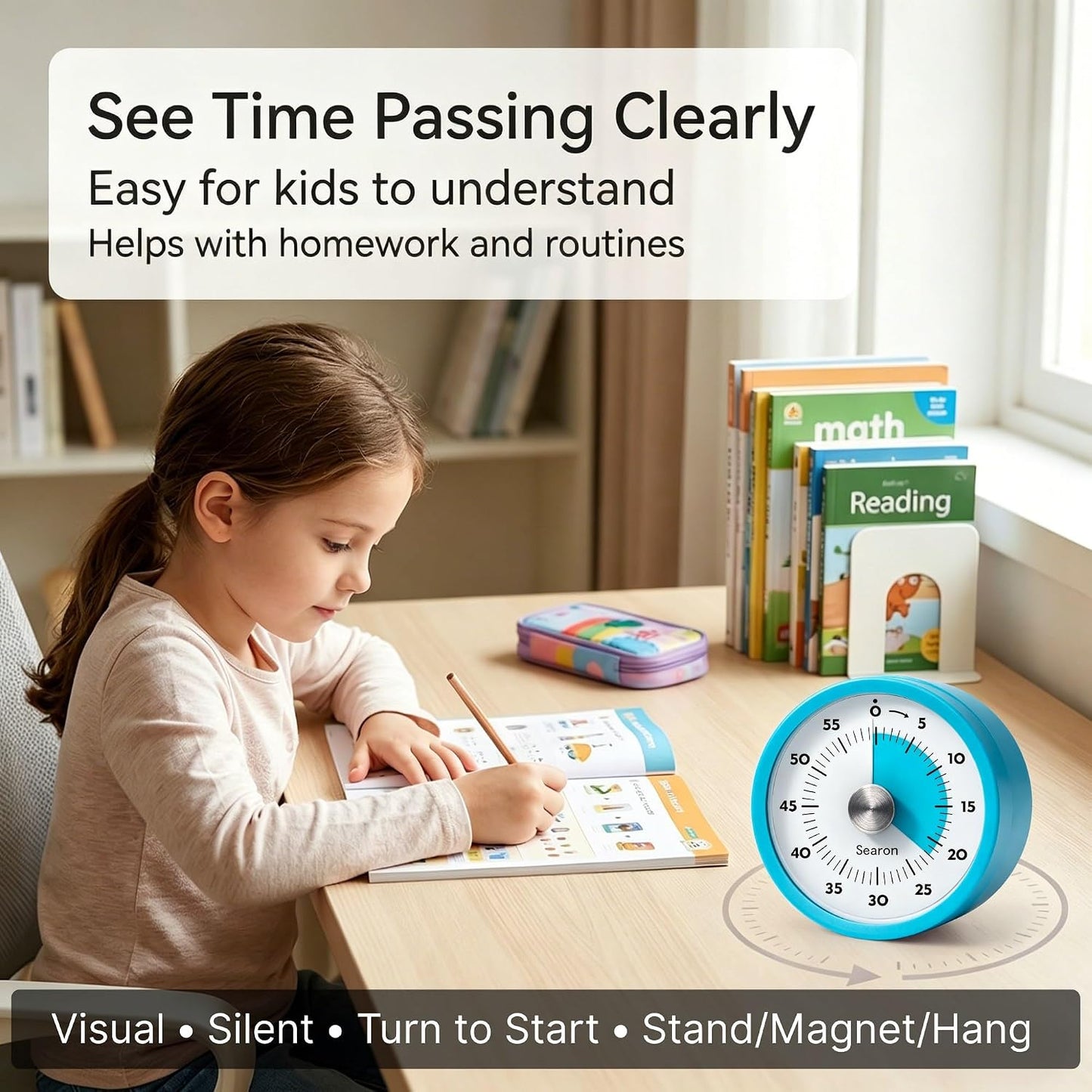 Searon Magnetic Visual Classroom Timer for Teachers, 60-Minute Countdown | No-Tick with Sound or Silent LED Alert, Pause, Magnet/Stand/Hang for Reading, Small Groups & Classroom Routines