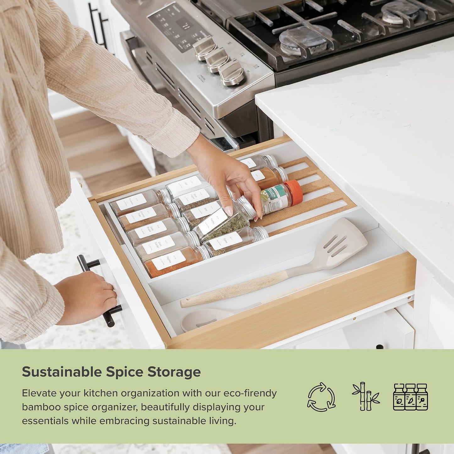 Expandable Spice Drawer Organizer, Bamboo | Holds up to 15 spice jars (not included), non-slip feet, 100% sustainable bamboo wood