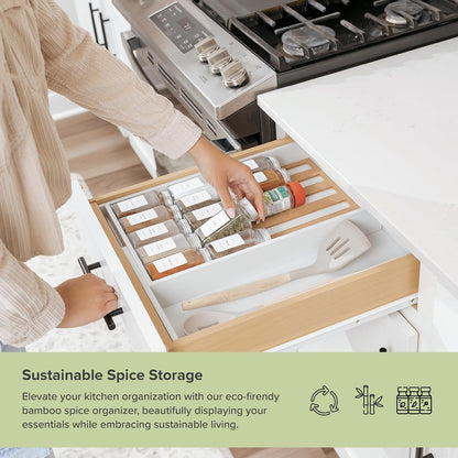Expandable Spice Drawer Organizer, Bamboo | Holds up to 15 spice jars (not included), non-slip feet, 100% sustainable bamboo wood