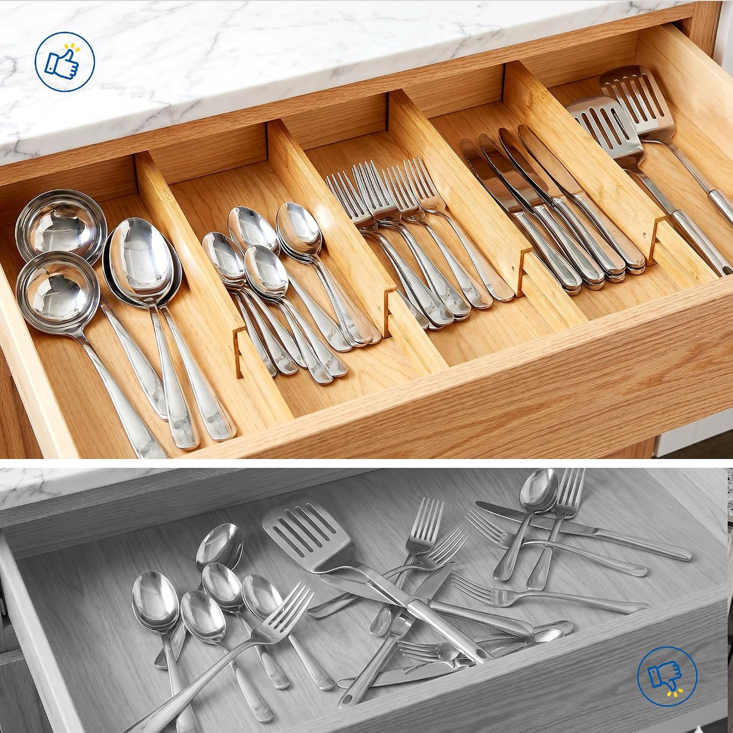 4 Pack 6" Deep Bamboo Drawer Dividers, 17-22" Expandable Kitchen Organizers | Adjustable Spring-Loaded Tension Separators with Foam Pad for Clothes, Utensils, Kitchen, Dresser, Nursery & Bathroom