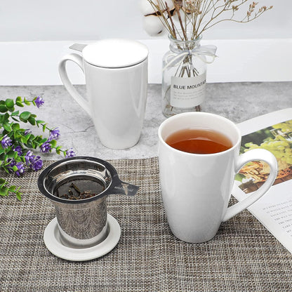 amhomel Porcelain Tea Mug with Infuser and Lid, 16 Ounce Ceramic Tea Cup for Loose Leaf, Coffee, Cocoa and Milk, Tea Gift for Tea Lovers, Set of 2(White)