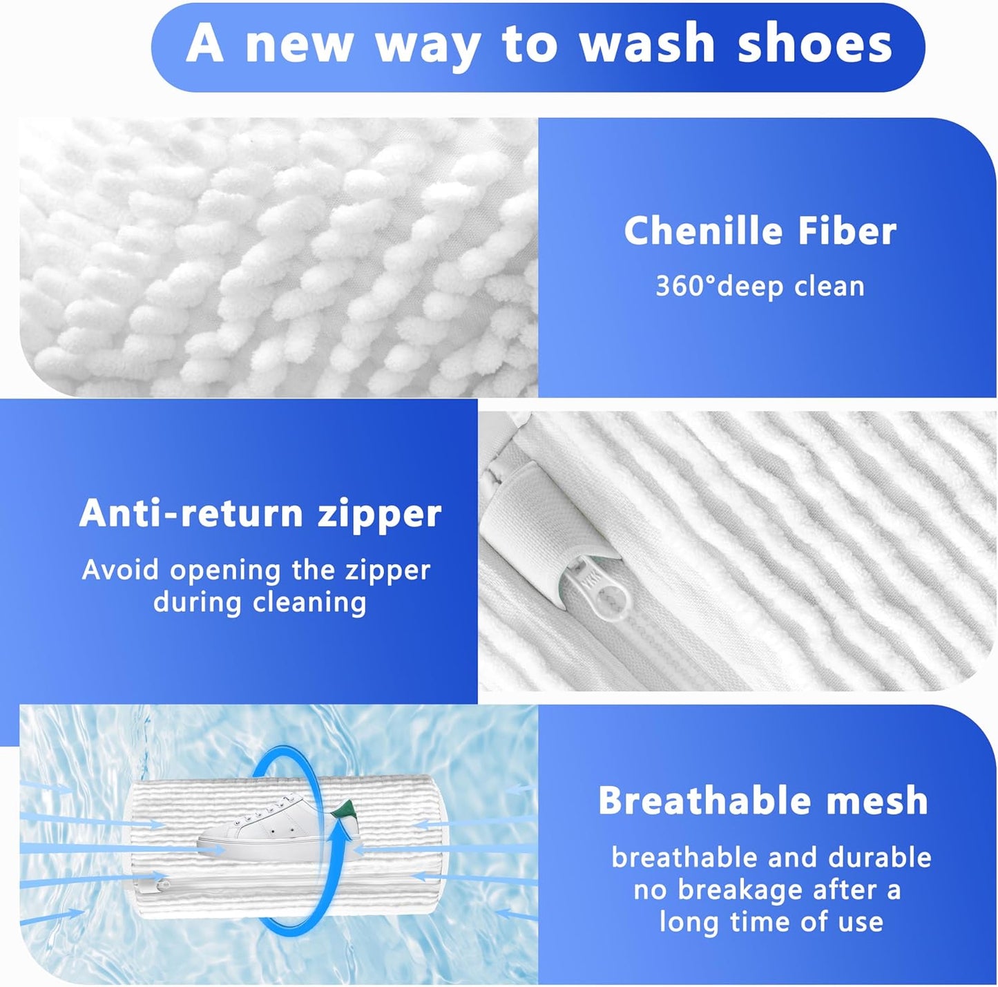 Reusable Shoe Washing Bag, 2-Pack Chenille Laundry Bag for Washer & Dryer. | Soft chenille fibers help deep clean sneakers while the hidden zipper keeps shoes secure and helps protect your washer.