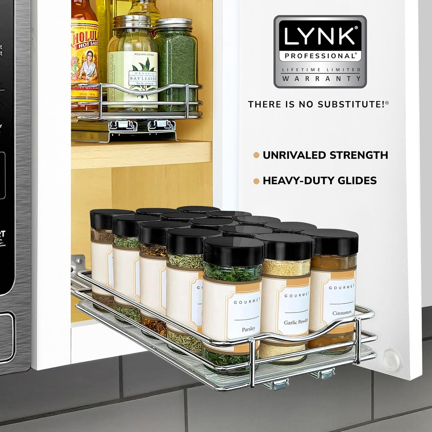 LYNK PROFESSIONAL® Pull Out Spice Organization for Cabinets - 4-3/8 inch Wide – Spice Rack for Inside Cabinets, Slide Out Spice Rack Organizer for cabinet – Pull Out Spice Rack, Sliding 2 Tier Chrome