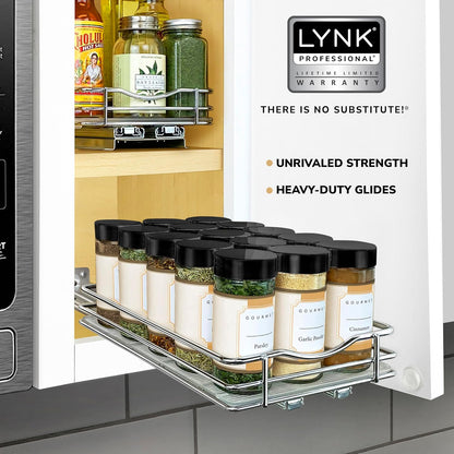 LYNK PROFESSIONAL® Pull Out Spice Organization for Cabinets - 4-3/8 inch Wide – Spice Rack for Inside Cabinets, Slide Out Spice Rack Organizer for cabinet – Pull Out Spice Rack, Sliding 2 Tier Chrome
