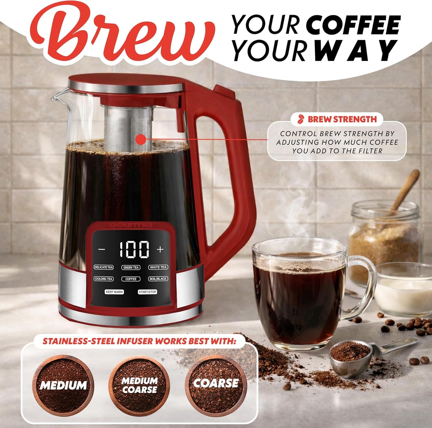 Gourmia Electric Glass Kettle – 1.7L Programmable Tea & Coffee Brewer with Digital Touch Display, 6 Presets, Removable Stainless Steel Infuser, Cordless with 360° Swivel Base, Black