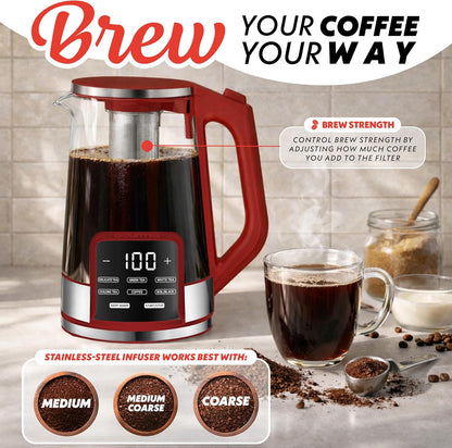 Gourmia Electric Glass Kettle – 1.7L Programmable Tea & Coffee Brewer with Digital Touch Display, 6 Presets, Removable Stainless Steel Infuser, Cordless with 360° Swivel Base, Black