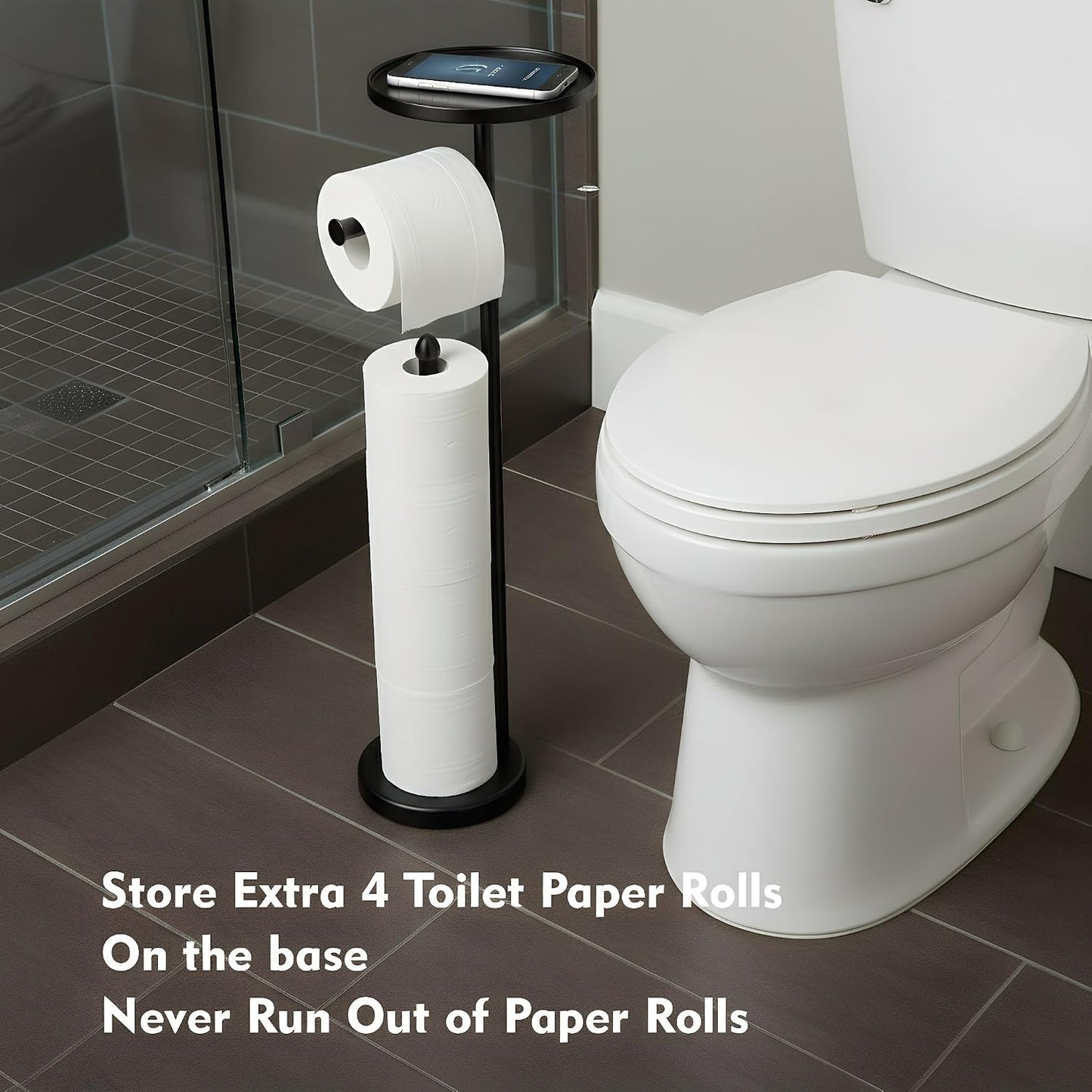 Gold Toilet Paper Holder with Shelf, Tissue Roll Holder Stand with Storage for Holding Extra 4 Toilet Paper Rolls, Stainless Steel Rustproof Freestanding (Brushed Gold)