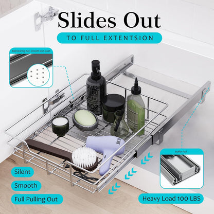 Pull Out Cabinet Organizer 15" W X 22" D, Chromed, Full Slide Out Drawers | For Kitchen Organizers and Storage, Pull Out Drawers For Cabinets Capacity Heavy Duty Caddy, Cabinet Shelves, Bathroom Pantry