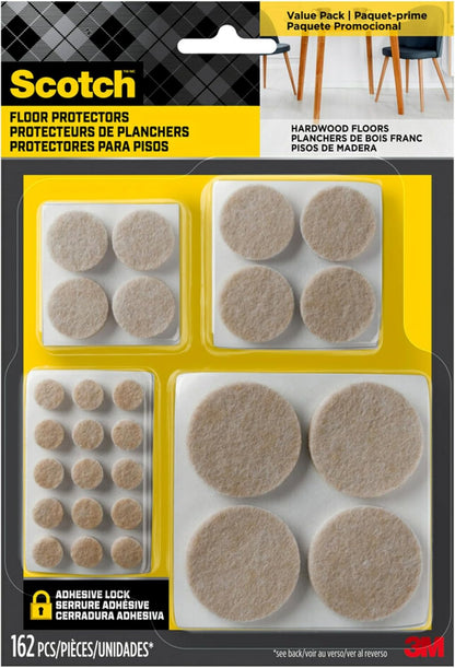 Scotch Felt Pads 162 PCS Beige, Felt Furniture Pads for Protecting Hardwood Floors, Round, Assorted Sizes Value Pack, Self-Stick design, Protecting from nicks, dents and scratches (SP845-NA)