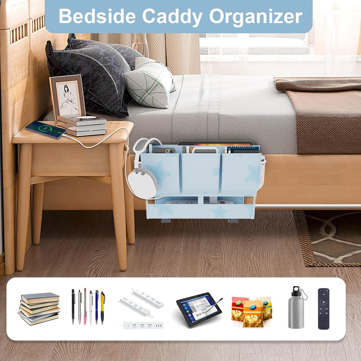 homyfort Bedside Caddy Organizer, Dual-Purpose Bedside Storage with Power Strip Holder, Versatile Bed Caddy with 11 Pockets for Bunk Bed, College Dorm, Home, Hospital, Fits Phones, Books, Blue