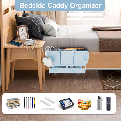 homyfort Bedside Caddy Organizer, Dual-Purpose Bedside Storage with Power Strip Holder, Versatile Bed Caddy with 11 Pockets for Bunk Bed, College Dorm, Home, Hospital, Fits Phones, Books, Blue