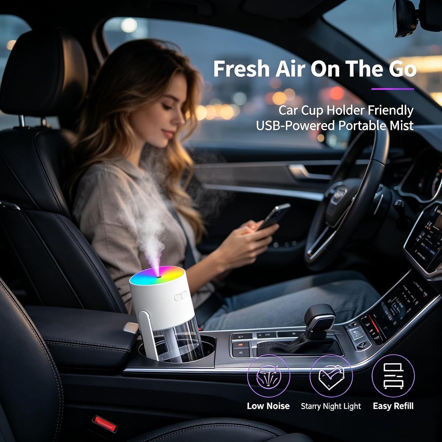 UEISODC bedroom humidifier, desktop USB humidifier, car air freshener, relieves tight skin, cough, nasal congestion, allergies and dry air，With automatic shutdown, silent operation