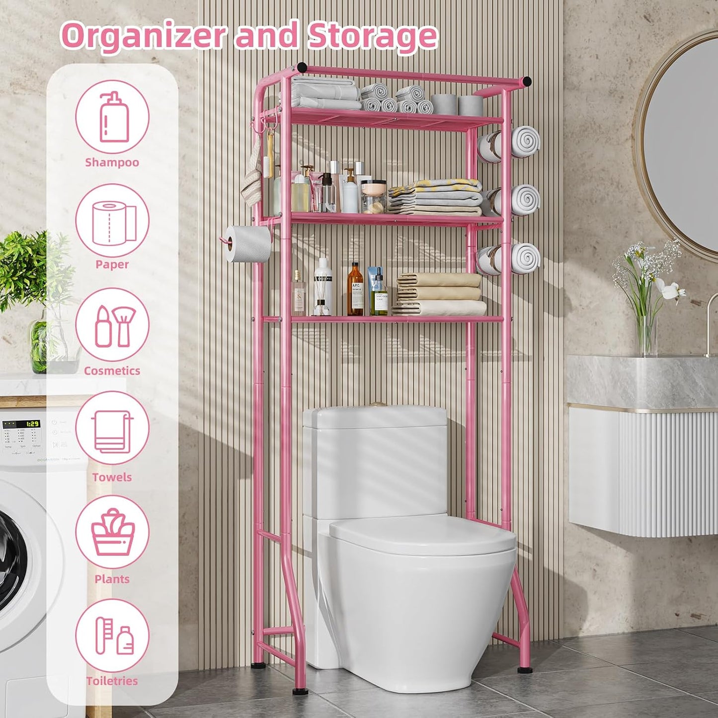 Simple Trending Over The Toilet Storage Cabinet, Metal Bathroom Shelf Organizer with Paper Holder and Hooks, 3 Tier, Black