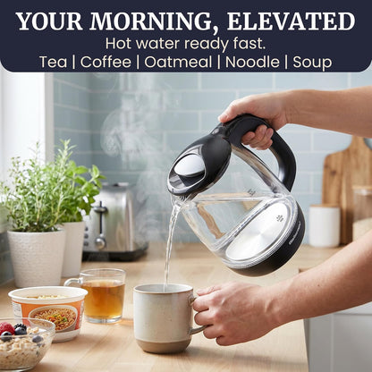 Elite Gourmet EKT1792M 1.7L Glass Kettle, Blue LED, Rapid Boil, 7.2 Cups | Auto Shut-Off, Boil-Dry Protection, 360° Cordless Base, Hot Water for Tea, Coffee & Oatmeal