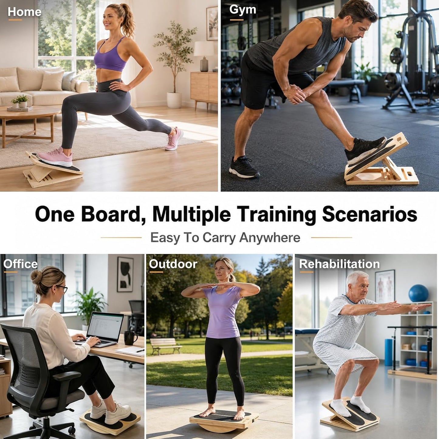 2-in-1 Wooden Slant Board for Calf Stretching & Balance Board | 5-level adjustable calf stretch board for Achilles stretch, ankle mobility, physical therapy, and stability training