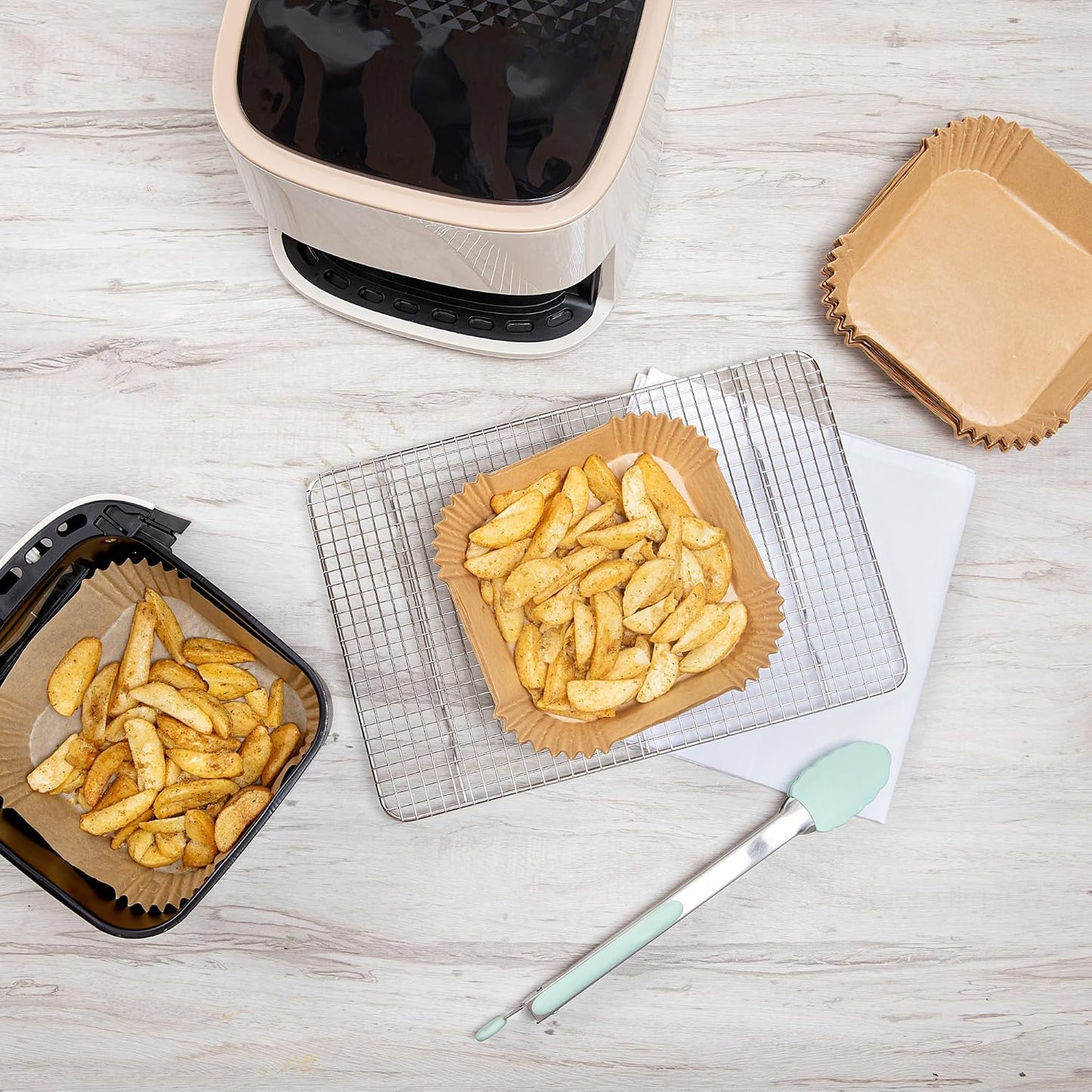 Restaurantware-Pastry Tek 8.1 x 5.5 x 1.8 Inch Air Fryer Liners, 100 Rectangle Air Fryer Baskets - No-Stick Silicone Coating, Unbleached, Food-Grade Paper Liners, For Steamer, Microwave, Oven