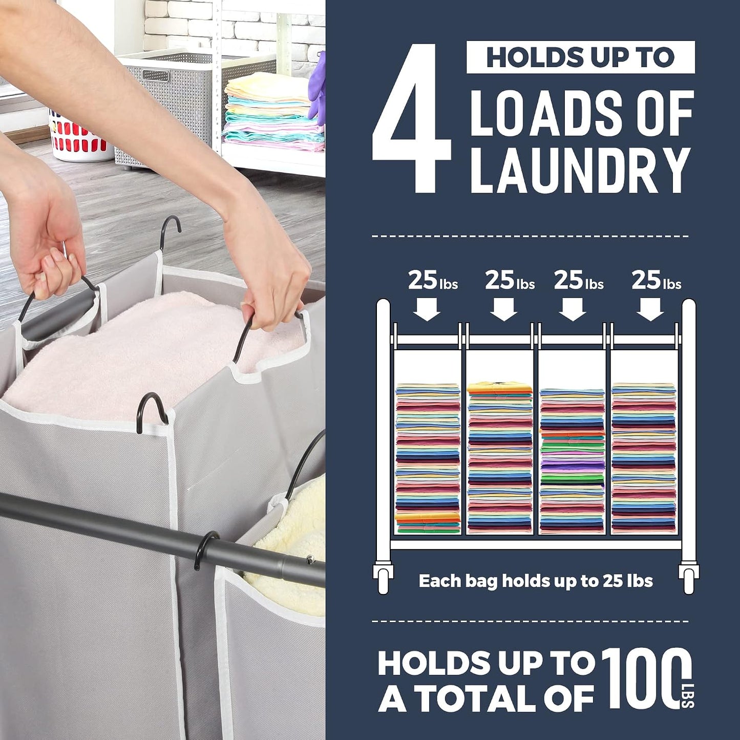 STO STO Laundry Sorter 3 Section, 3 Bag Clothes Hamper, Rolling Laundry Cart Basket with Heavy Duty Lockable Wheels and Removable Bag for Laundry Room, Bedroom, Closet, Black