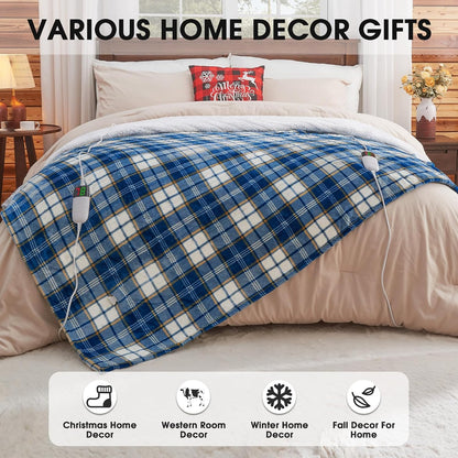 Heated Blanket Electric Throw 50X60 Heating Blanket with 10 Heating Levels 8 Hours Auto Off, Blue Plaid Sherpa Blankets Winter Warmer, Home Decor for Couch Bed Office,Gifts for Mom, Women,Washable
