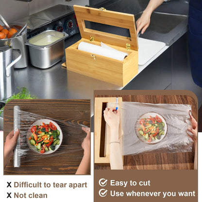Colingmill 1 Pack 12" x 3000ft Large Plastic Wrap Dispenser with Cutter Roller Commercial Bamboo Holder for 3000ft Film 1000ft Aluminum Foil Non Slip Pad Fit Big Saran Wrap Restaurant Kitchen