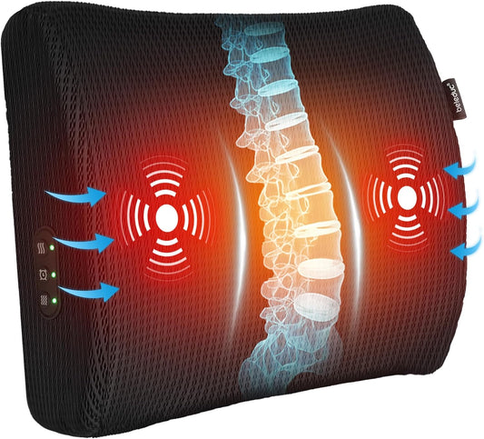 Beleduc Lumbar Support Pillow for Office Chair - Heated Back Support Pillow with Vibration Massage, Ergonomic Back Massager for Chair, Adjustable Vibration, 2 Heat Levels, Gifts
