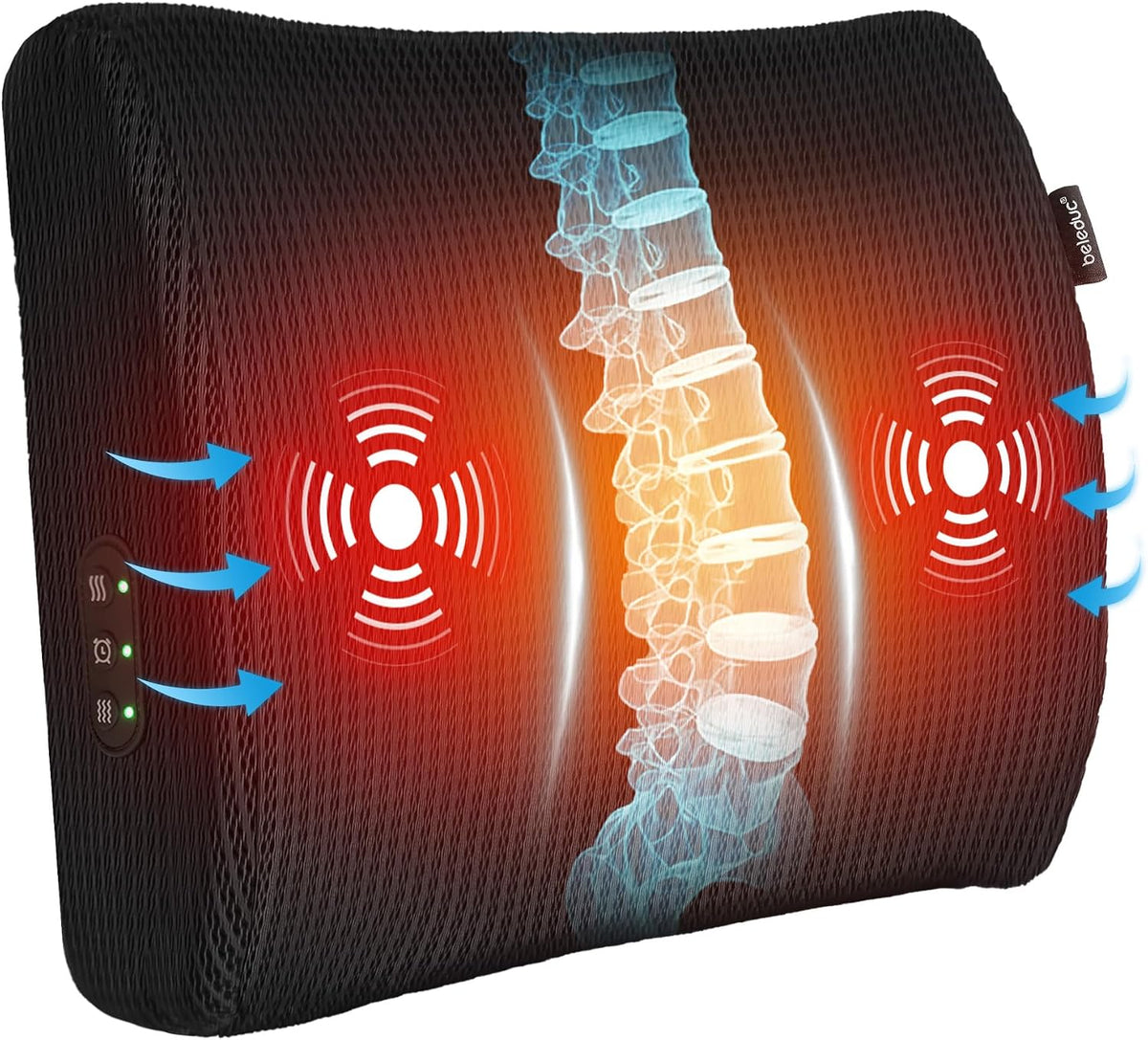Beleduc Lumbar Support Pillow for Office Chair - Heated Back Support Pillow with Vibration Massage, Ergonomic Back Massager for Chair, Adjustable Vibration, 2 Heat Levels, Gifts