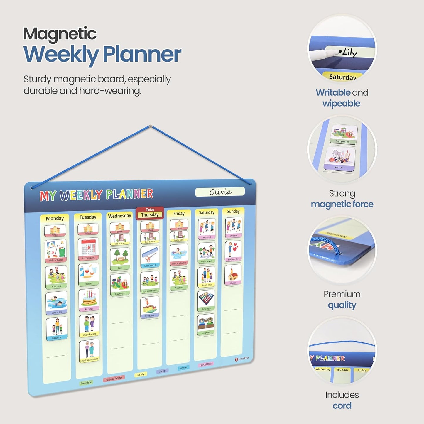 LIKARTO® Visual Schedule for Kids - Routine Chart for Kids - Magnetic Schedule with 147 Magnets - Chore Chart for Children - Morning Evening Bedtime Routine for Toddlers, Autism, ADHD