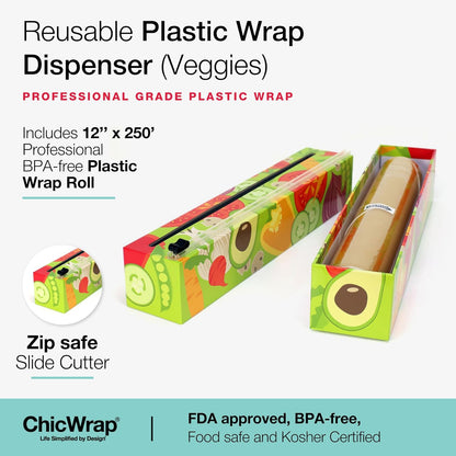 Chicwrap Veggies Refillable Plastic Wrap Dispenser - Includes One 12" x 250' Roll of Professional Grade Plastic Wrap - BPA Free and Kosher Certified - Reusable Dispenser w/Slide Cutter | Reusable Plastic Wrap Dispenser with Four Non-Slip Rubber Feet and