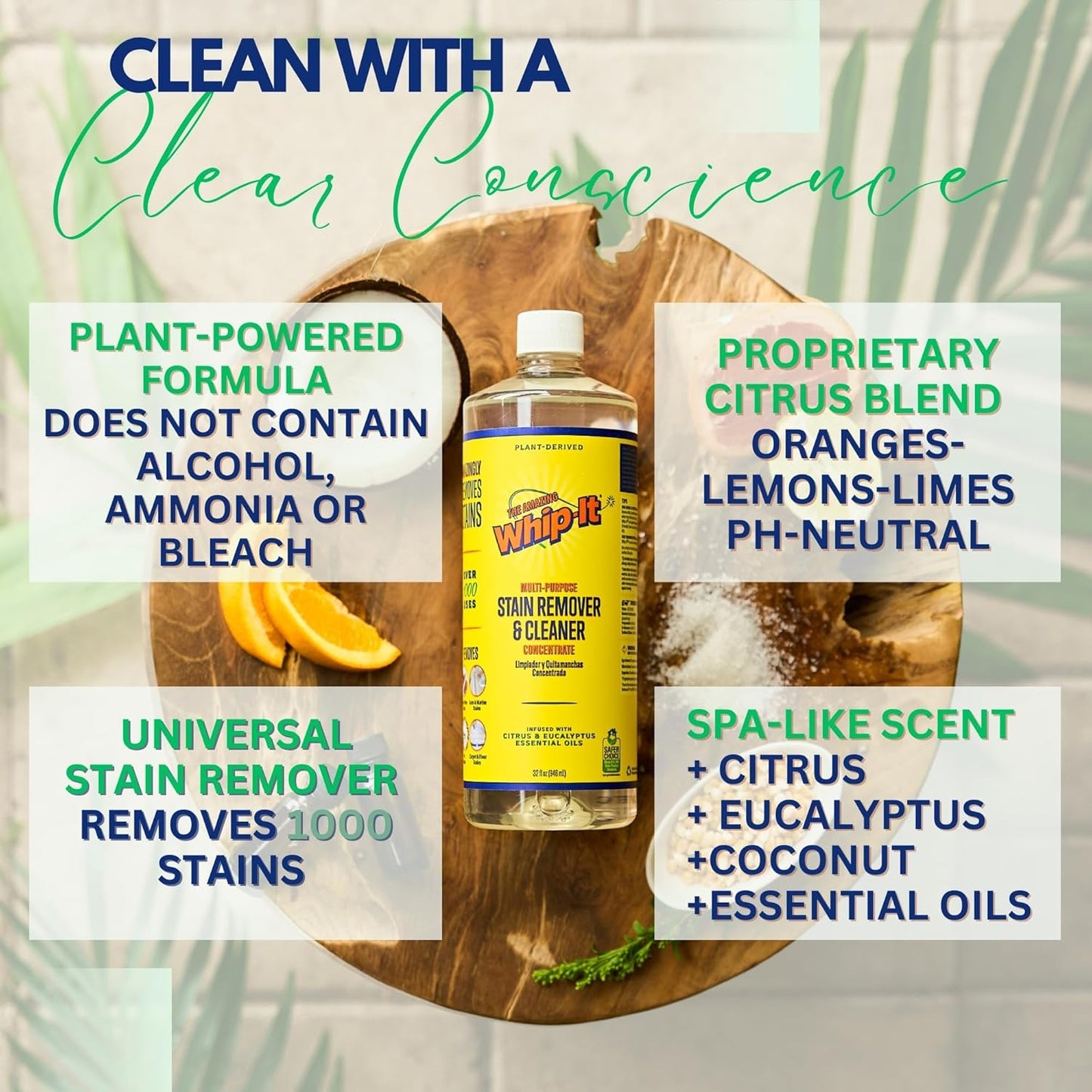 Whip It Cleaner, Multi Purpose Stain Remover Professional Strength Spray, Plant Based Enzyme Cleaner, Cleaning Food, Coffee, Wine, Baby Stains, Pet Stains, Over 500 uses, Made in USA, 32 OZ
