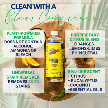 Whip It Cleaner, Multi Purpose Stain Remover Professional Strength Spray, Plant Based Enzyme Cleaner, Cleaning Food, Coffee, Wine, Baby Stains, Pet Stains, Over 500 uses, Made in USA, 32 OZ