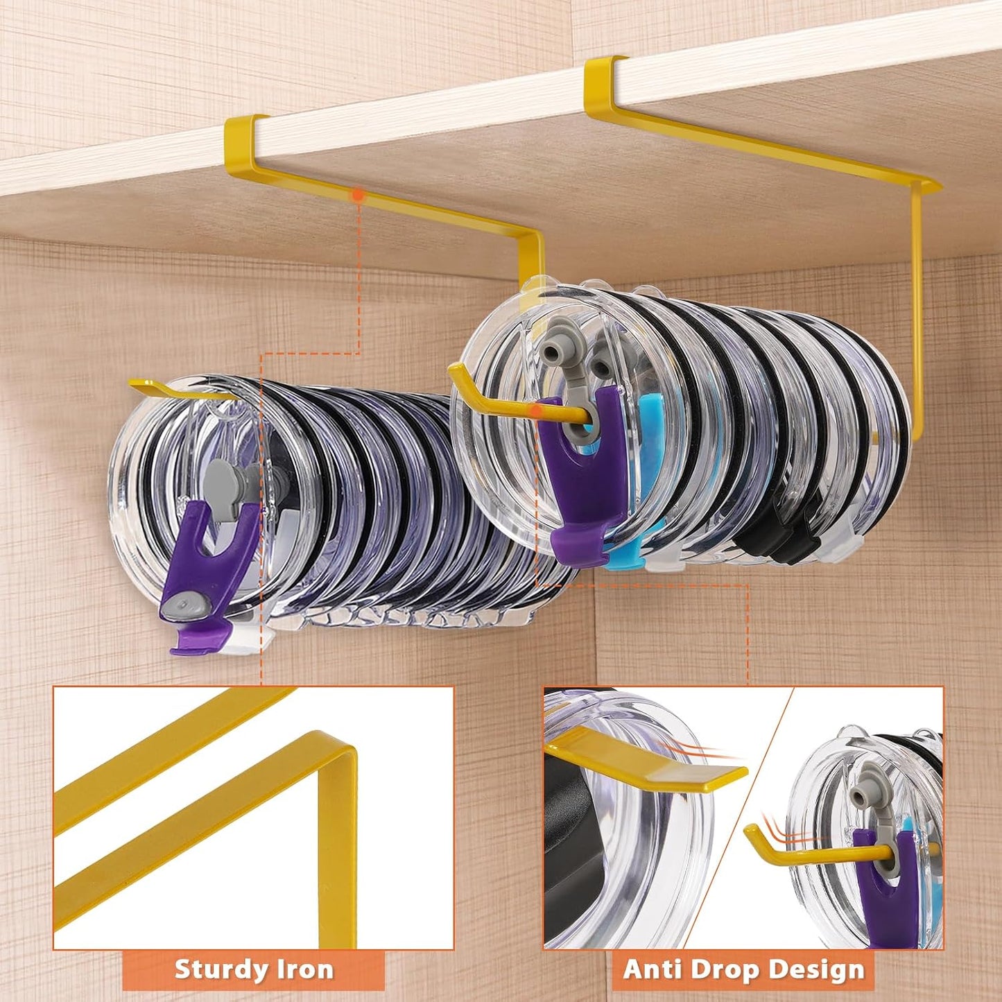 Tumbler Lid Organizer, Versatile Tumbler Lid Storage Holds 10 Lids, Black | Space Saving Cup Lid Organizers Inside Cabinet Tumbler Lid Hook for Kitchen Organizer and Storage, Paper Towel Rack Hanger