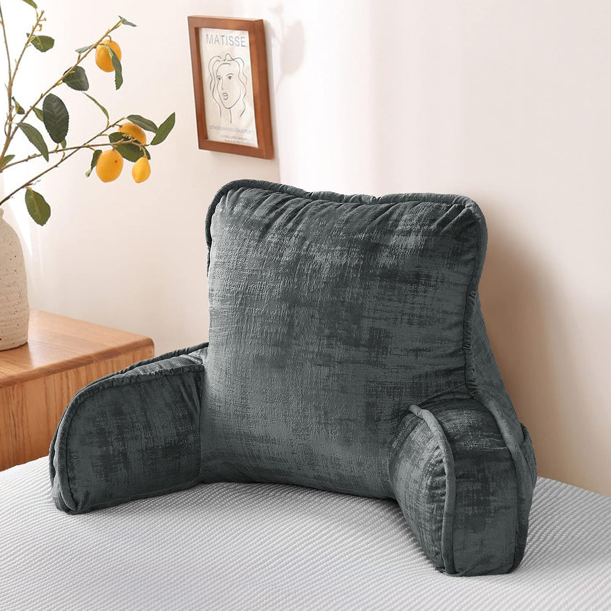 DIY Assembly Art Velvet Backrest Reading Bed Rest Pillow with Arms & Pockets, 18" H for Sitting in Bed Couch Sofa, Back Support Cushion with Removable Cover, 20"x18"x17", Aqua