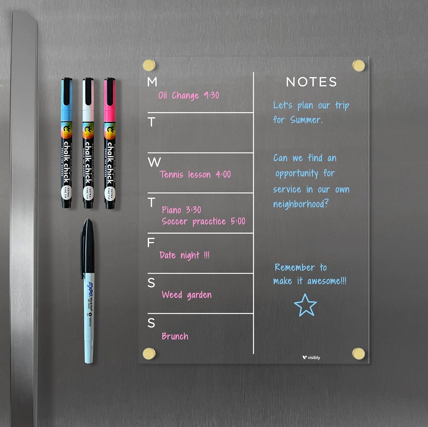 Magnetic Acrylic Weekly Planner for Fridge 9” x 12”, Clear Wet Erase Meal Planner & Notes Board, Refrigerator Organizer with 4 Magnetic Markers and Gold Corner Magnets