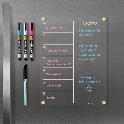 Magnetic Acrylic Weekly Planner for Fridge 9” x 12”, Clear Wet Erase Meal Planner & Notes Board, Refrigerator Organizer with 4 Magnetic Markers and Gold Corner Magnets
