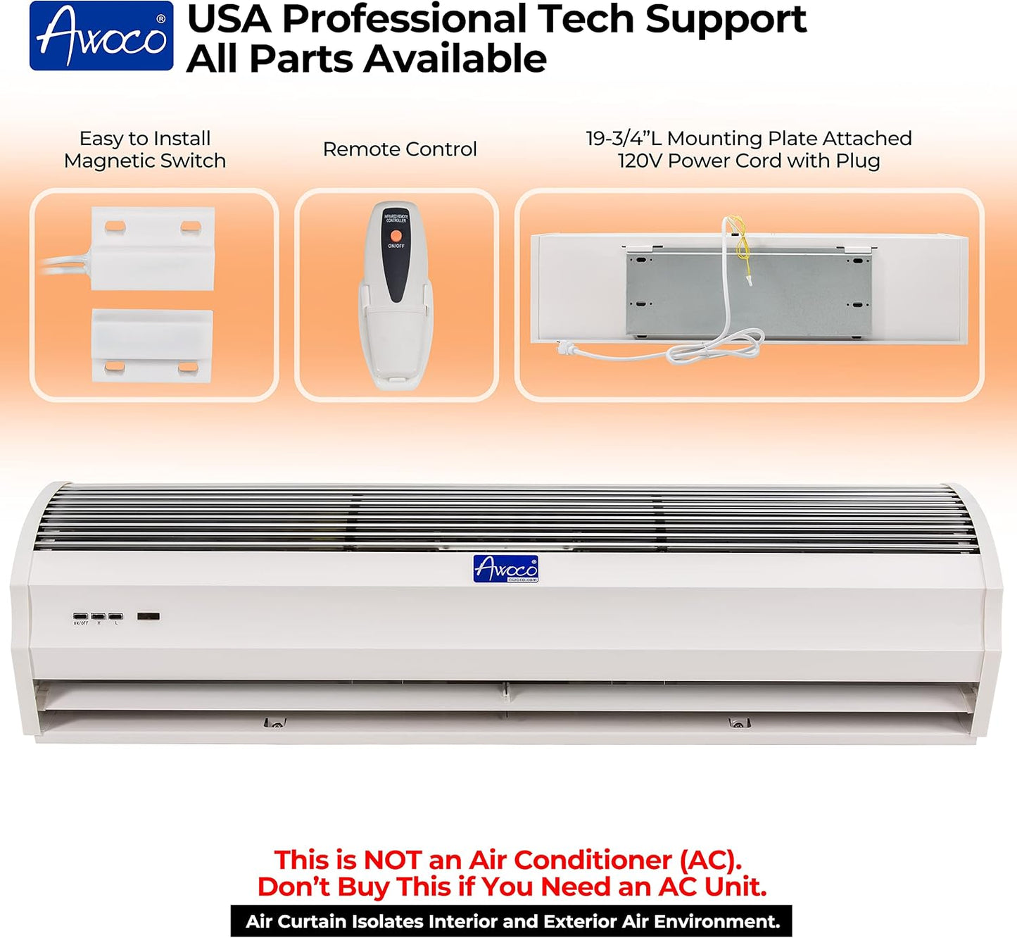 Awoco 40" FM-1210T 2 Speeds 1250 CFM Slim Indoor Air Curtain White | 120V Unheated, CE Certified, Magnetic Switch, Remote Control, Powerful Motor, Qiute Operation, Light Weight & Compact Design