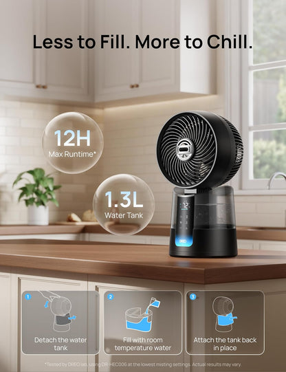 DREO TurboCool Misting Fan 516, 5℉ Drop Cooling Fans that Blow Cold Air | 150°+30° Omni-directional Oscillating, Evaporative air cooler, 26 ft/s Wind, Ultrafine Mist, 20dB, 6 Speeds 2 Modes, White