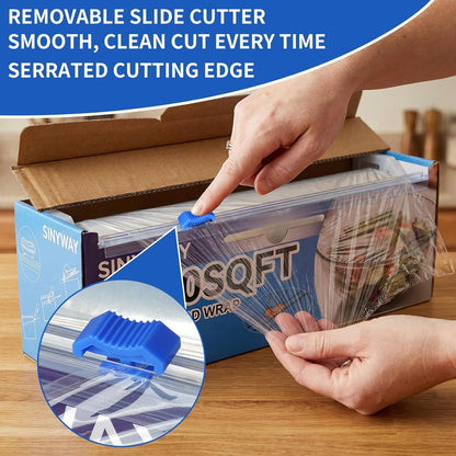 12" x 2300 SqFt Plastic Wrap with Slide Cutter, Cling Wrap for Kitchen | Commercial Size Extra-Long Roll with Built-in Roller, Heavy Duty Plastic Food Wrap for Home or Restaurant BPA Free