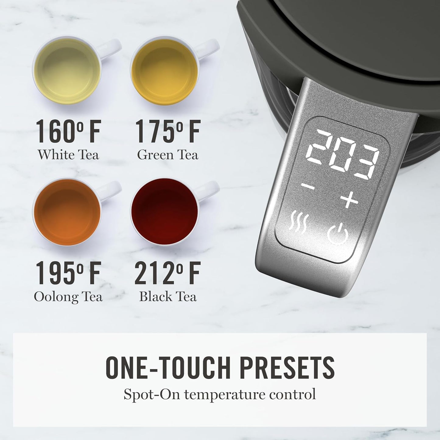 Martha Stewart 1.7L Glass Carafe Electric Kettle with Removable Tea Infuser | 7 Cups, 4 Presets, Rapid Boiling, Stainless Steel Tea Leaf Infuser, Cordless Swivel Base, Keep Warm, Auto Shut-Off, Linen