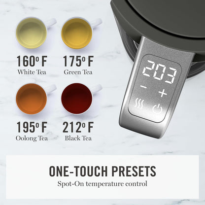 Martha Stewart 1.7L Glass Carafe Electric Kettle with Removable Tea Infuser | 7 Cups, 4 Presets, Rapid Boiling, Stainless Steel Tea Leaf Infuser, Cordless Swivel Base, Keep Warm, Auto Shut-Off, Linen
